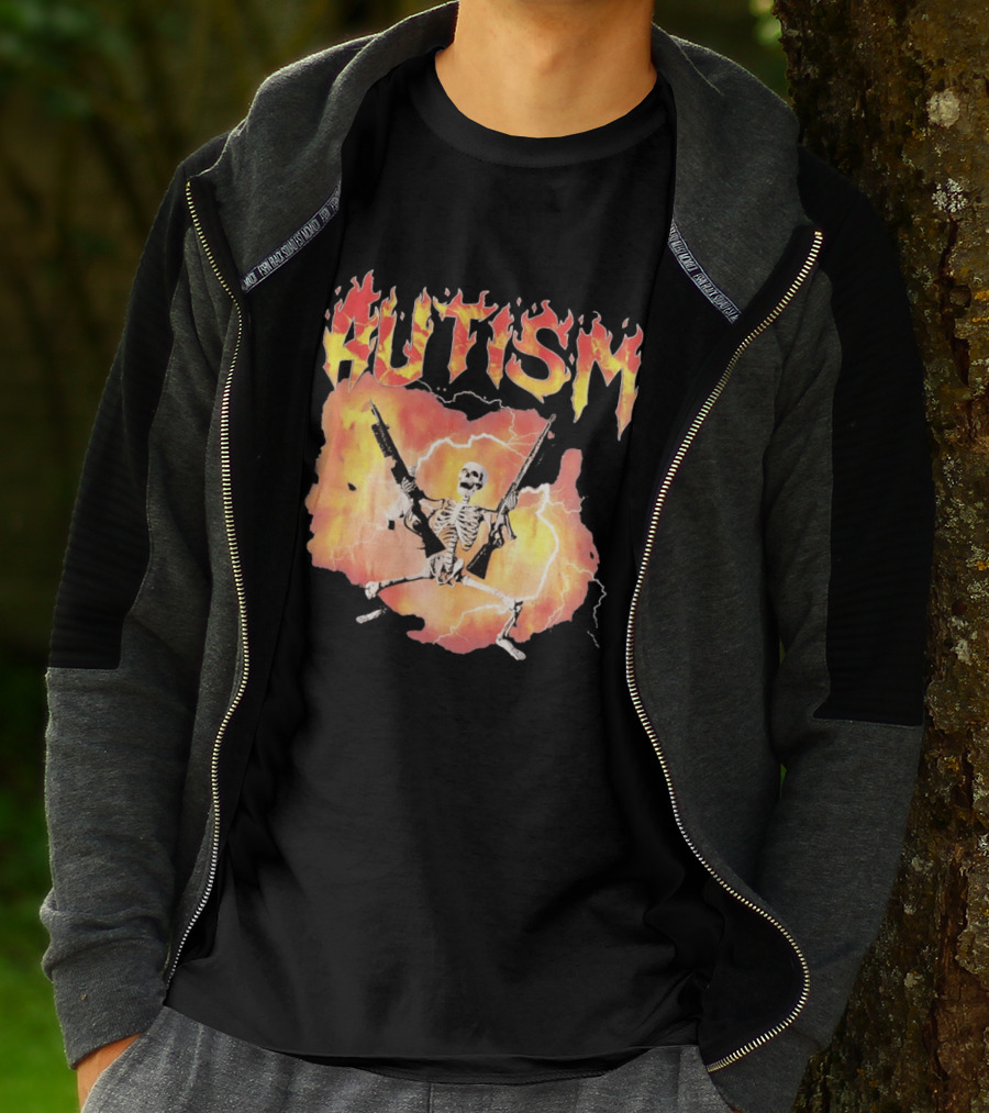 Autism Flaming Skeleton Meme Guns Edgy Fire T-Shirt