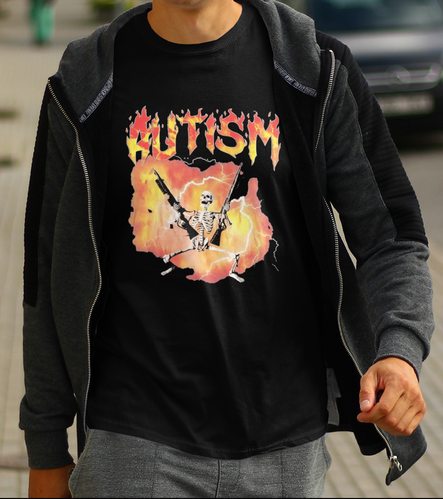 Autism Flaming Skeleton Meme Guns Edgy Fire T-Shirt