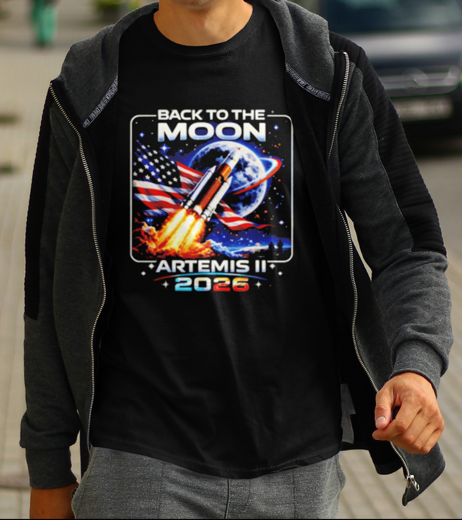 Back To The Moon Artemis II 2026 Rocket Launch Space Mission USA Flag T-Shirt