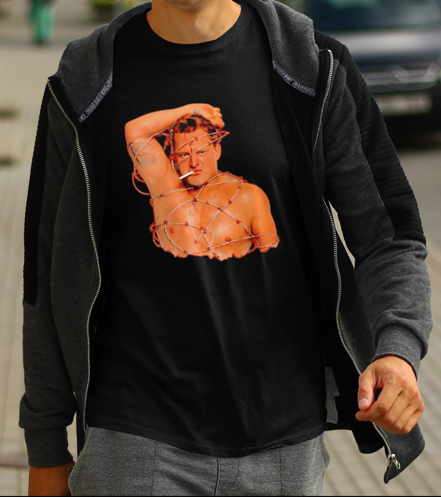 Sandman Barbed Wire Screenprinted Wrapping Wrestler With Cigarette T-Shirt