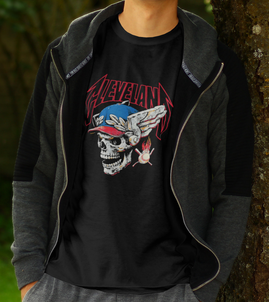 Cleveland Skull Flames Winged Helmet Baseball Bat And Ball T-Shirt