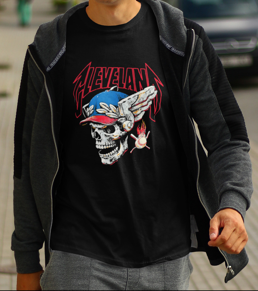 Cleveland Skull Flames Winged Helmet Baseball Bat And Ball T-Shirt