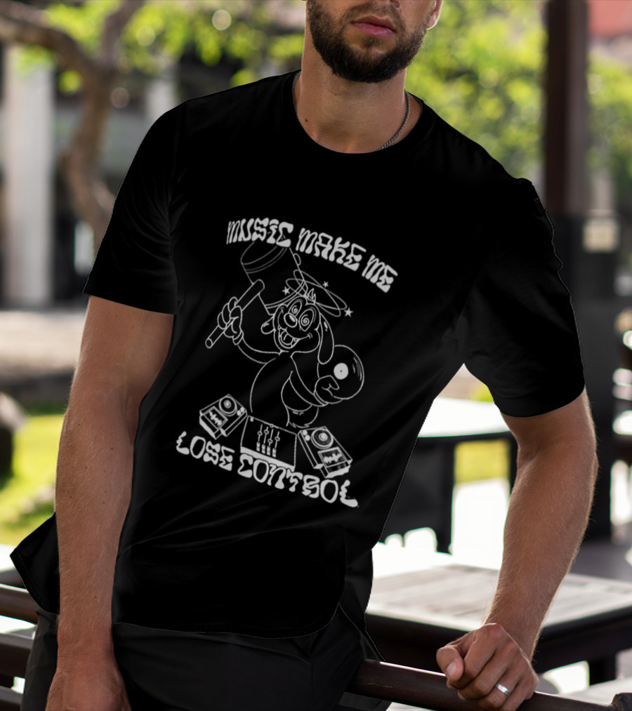 Music Make Me Lose Control Cartoon DJ Rabbit With Vinyl And Keyboard T-Shirt