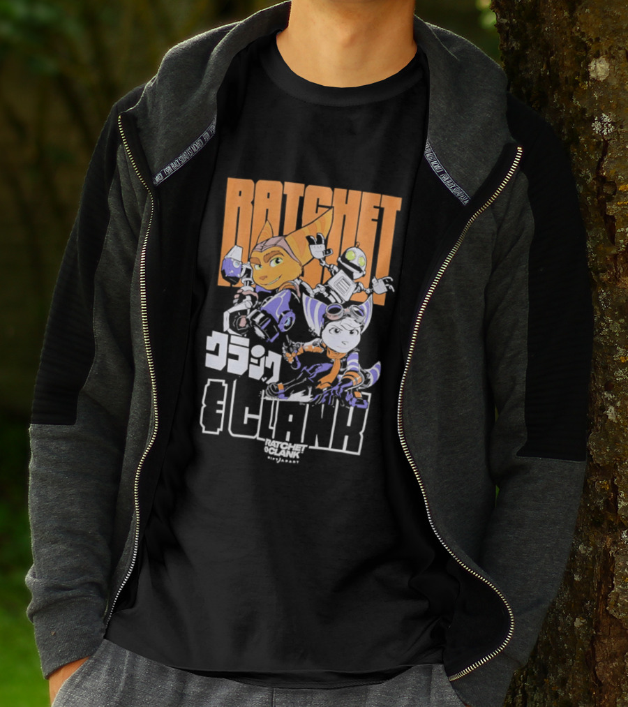 Ratchet And Clank Characters Orange And White Illustration With Japanese T-Shirt