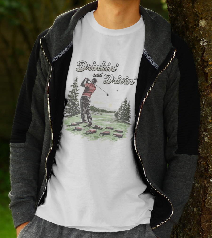 Drinkin' And Drivin' Man Playing Golf With Sunset And Trees T-Shirt