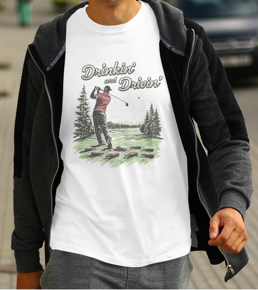 Drinkin' And Drivin' Man Playing Golf With Sunset And Trees T-Shirt
