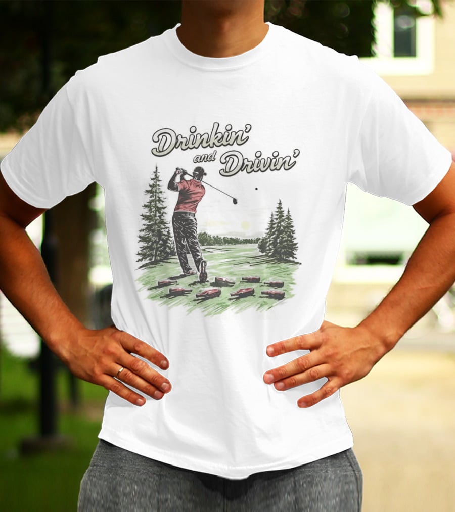 Drinkin' And Drivin' Man Playing Golf With Sunset And Trees T-Shirt
