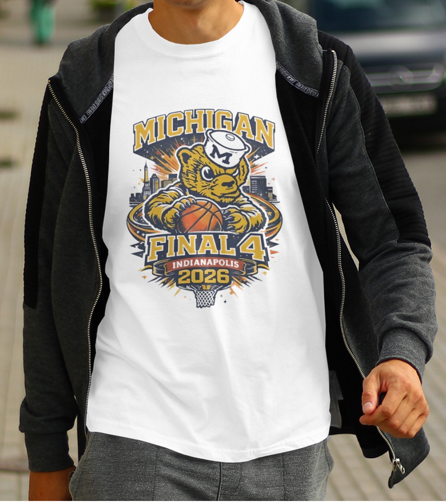 Michigan Wolverines Final Four 2026 Indianapolis Skyline Basketball Bear T-Shirt