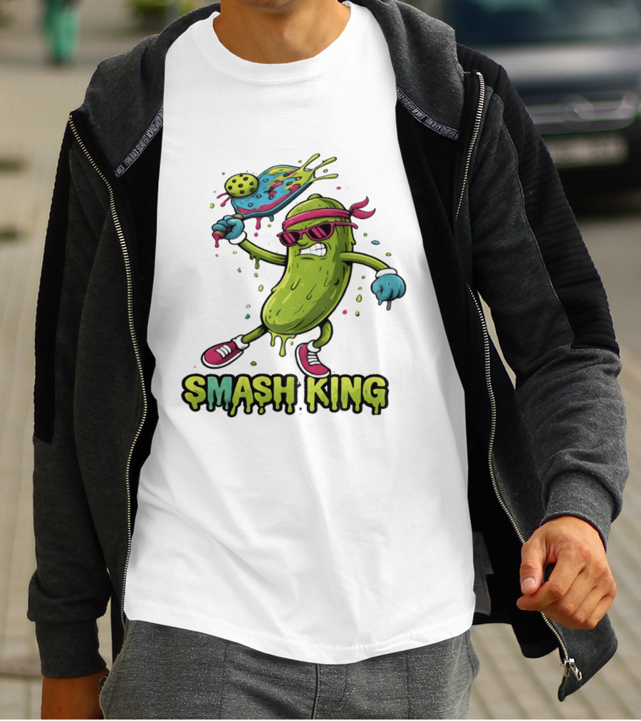 Smash King Pickleball Pickle Character With Paddle And Ball T-Shirt