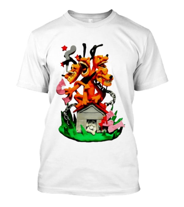Three Head Monster Dog Cerberus Cartoon Chain House Statue T-Shirt