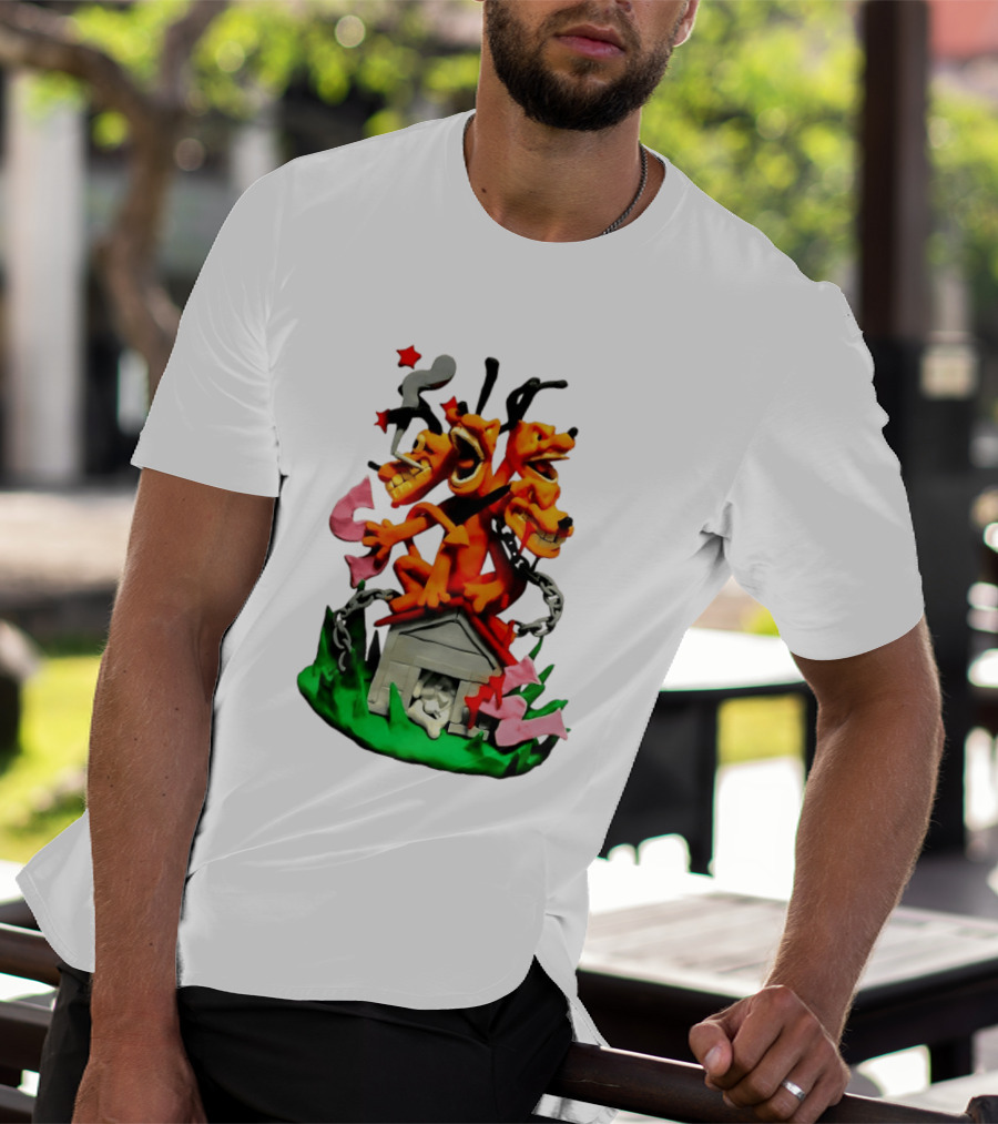 Three Head Monster Dog Cerberus Cartoon Chain House Statue T-Shirt