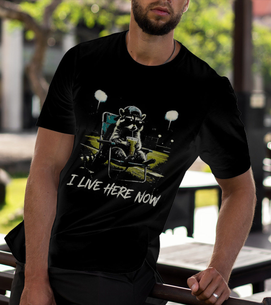 Raccoon I Live Here Now Baseball Ballfield Stadium Lights Sports T-Shirt