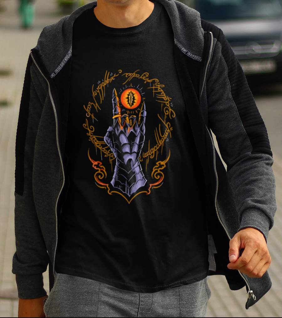 The Cursed One Heavy Metal Sauron Hand And Eye Icon With Elvish Script T-Shirt