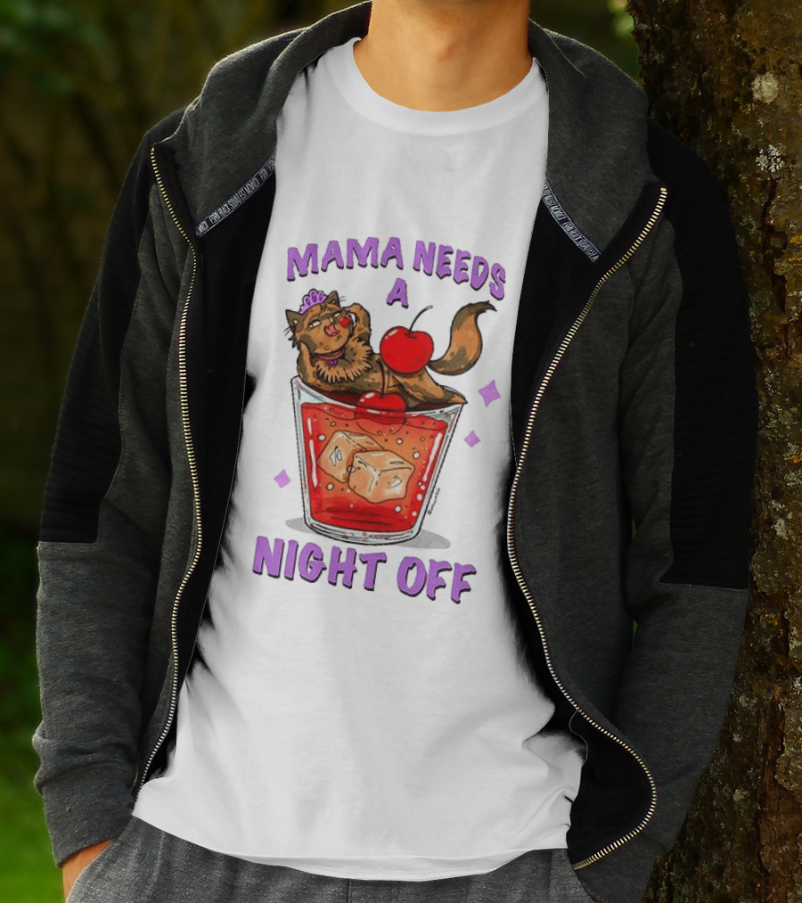 Mama Needs A Night Off Cat Chilling In Cocktail With Cherry And Ice Cubes T-Shirt