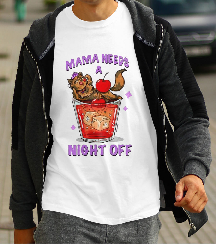 Mama Needs A Night Off Cat Chilling In Cocktail With Cherry And Ice Cubes T-Shirt