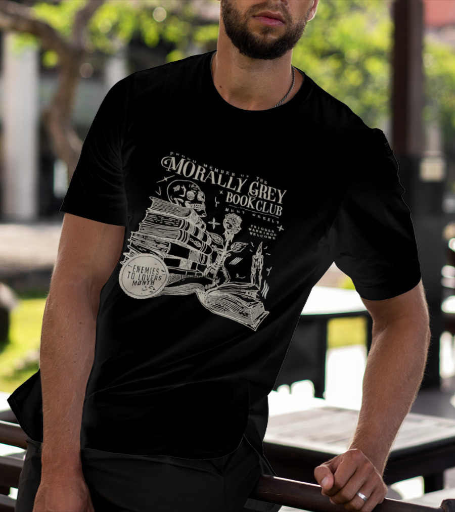 Morally Grey Book Club Skull Candle Rose Stacked Books Open Pages Stars T-Shirt