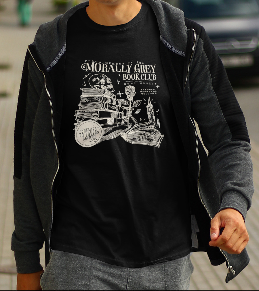 Morally Grey Book Club Skull Candle Rose Stacked Books Open Pages Stars T-Shirt