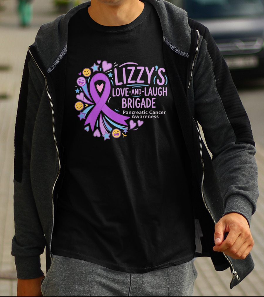 Lizzy's Love And Laugh Brigade Pancreatic Cancer Awareness Purple Ribbon Hearts And Smiles T-Shirt