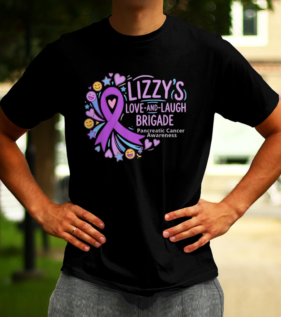 Lizzy's Love And Laugh Brigade Pancreatic Cancer Awareness Purple Ribbon Hearts And Smiles T-Shirt