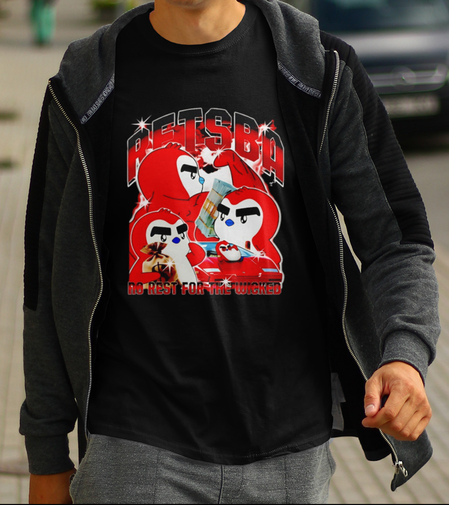 Retsba No Rest For The Wicked Red Characters With Cash And Car T-Shirt