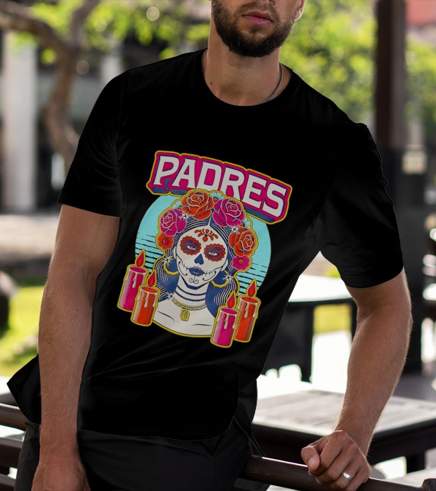 San Diego Padres La Catrina Dia De Los Muertos Candles And Flowers T-Shirt