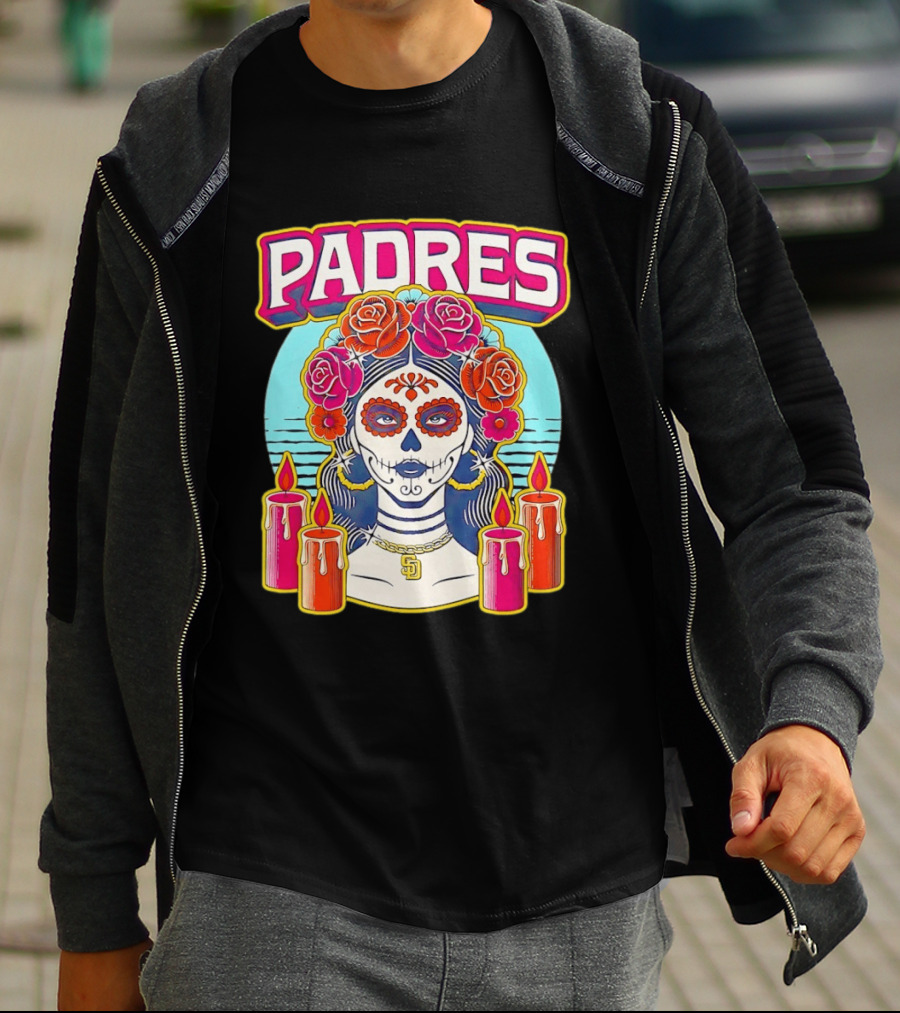 San Diego Padres La Catrina Dia De Los Muertos Candles And Flowers T-Shirt