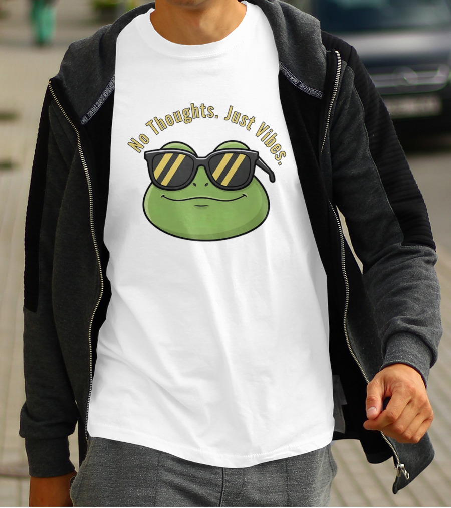 Frog No Thoughts Just Vibes Sunglasses Relaxed Mood T-Shirt