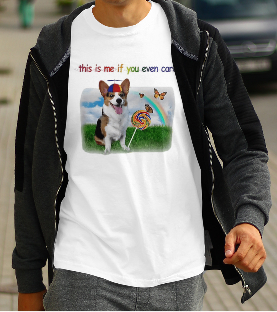 This Is Me If You Even Care Propeller Hat Dog With Lollipop Rainbow And Butterflies T-Shirt