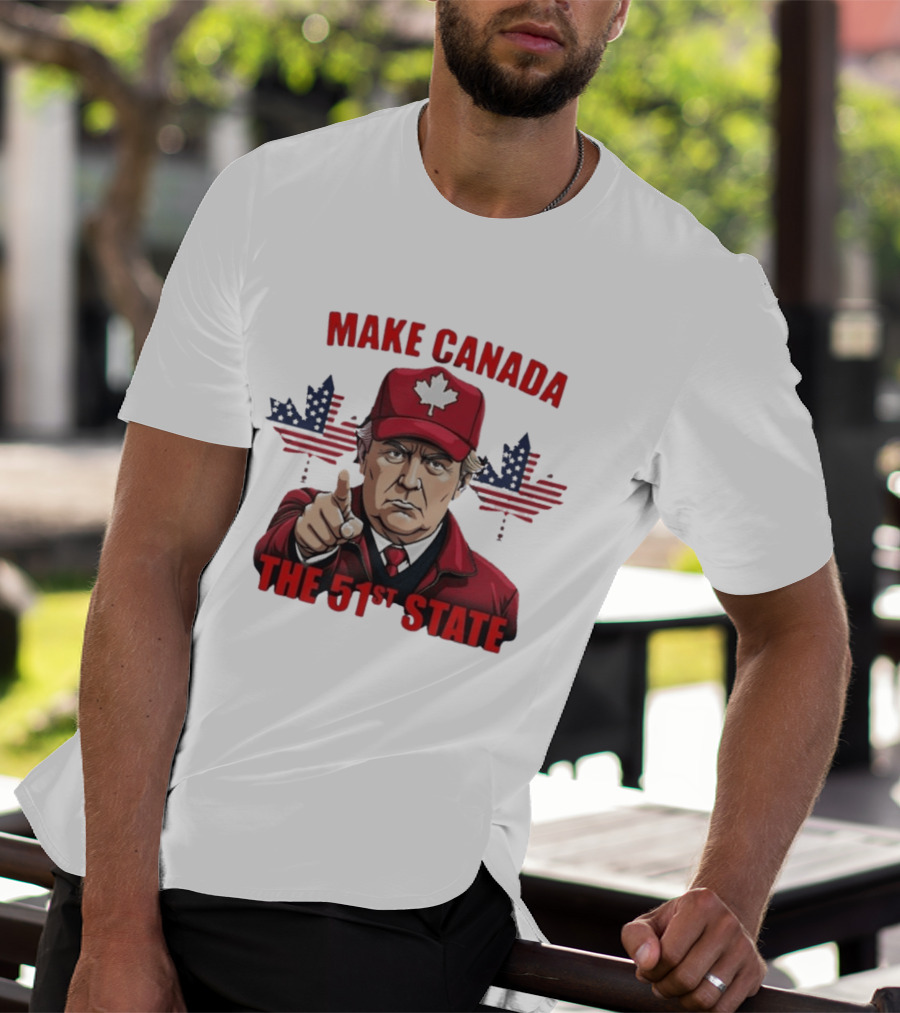 Make Canada The 51st State Trump Red Cap Maple Leaf Stars Stripes T-Shirt