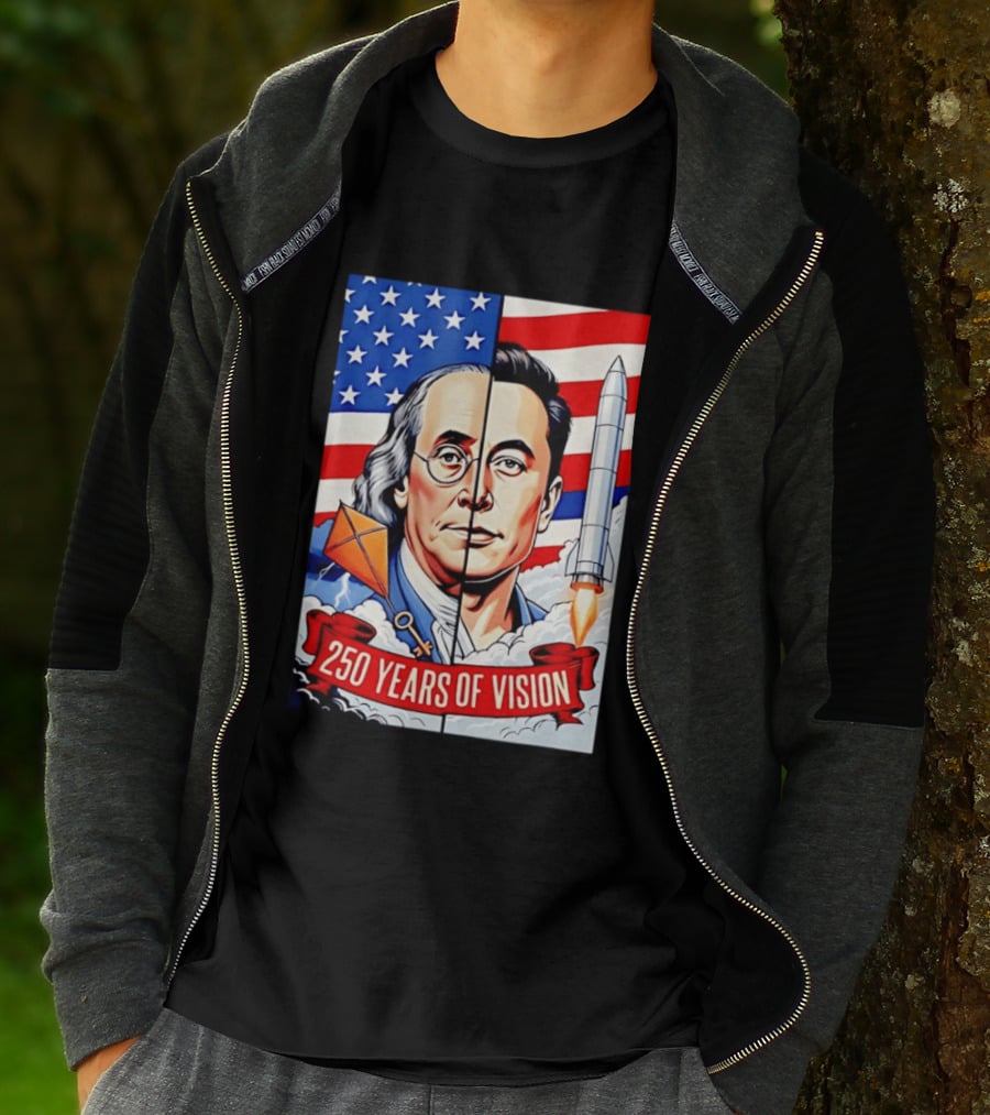 Benjamin Franklin Elon Musk Face American Flag Rocket Kite Key 250 Years Of Vision T-Shirt