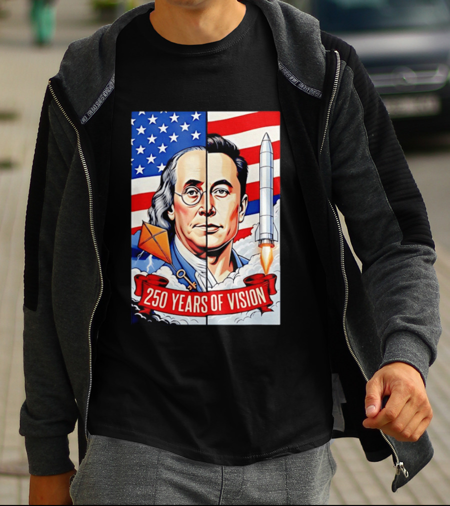 Benjamin Franklin Elon Musk Face American Flag Rocket Kite Key 250 Years Of Vision T-Shirt