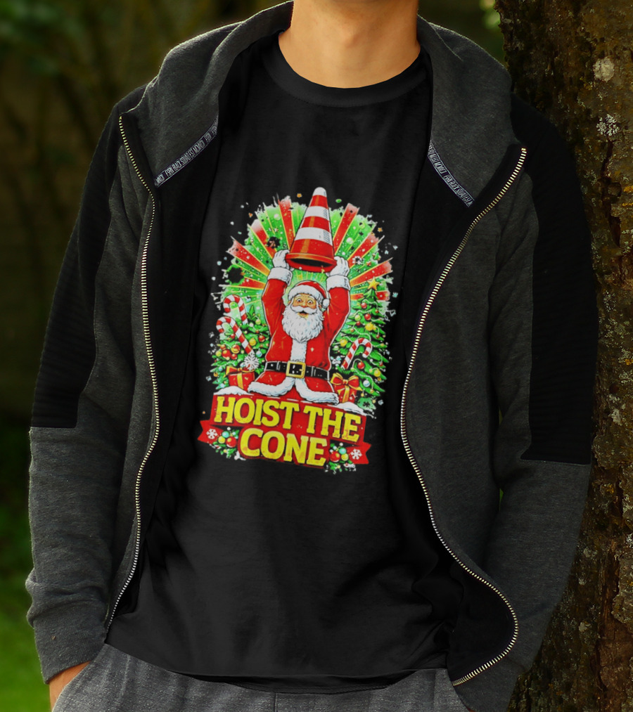 Santa Hoist The Cone Christmas Lights Tree Candy Canes T-Shirt
