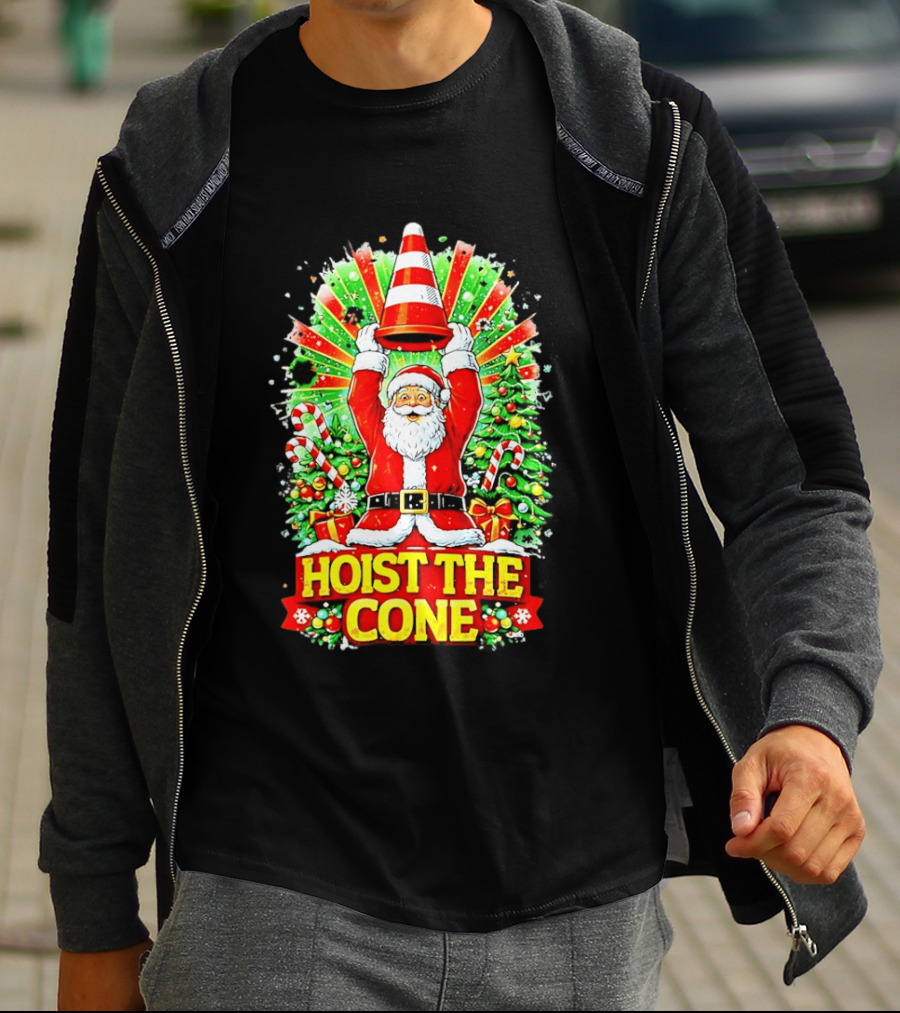 Santa Hoist The Cone Christmas Lights Tree Candy Canes T-Shirt