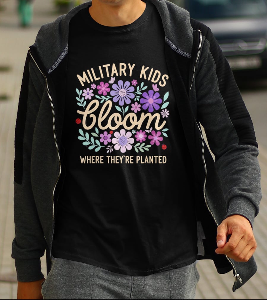 Military Kids Bloom Where They're Planted Purple Floral Dandelion T-Shirt