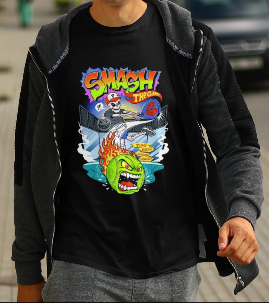 Smash The Game Play Hard Smash Harder Skeleton Playing Pickleball With Fiery Ball And Court T-Shirt