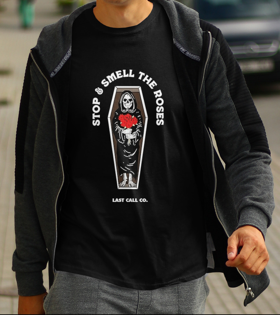 Stop And Smell The Roses Grim Reaper Holding Red Bouquet Last Call Coffin T-Shirt