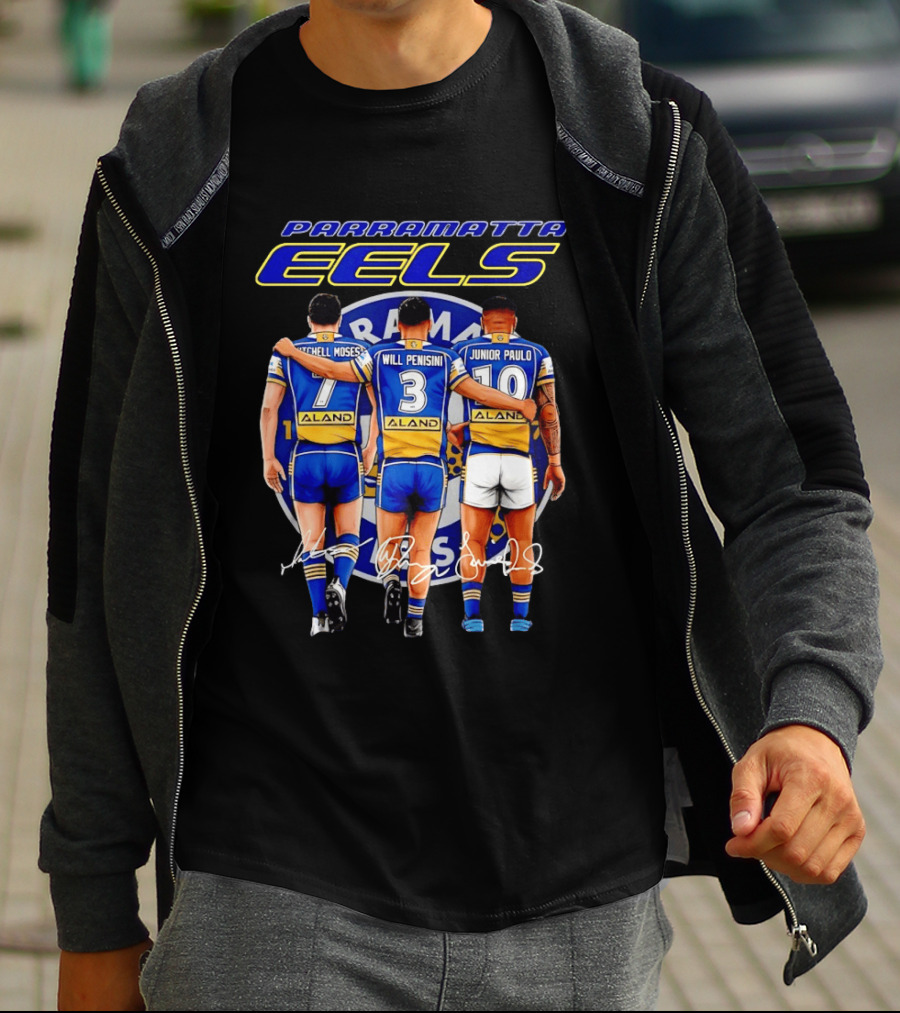Parramatta Eels Mitchell Moses Will Penisini Junior Paulo Signatures T-Shirt
