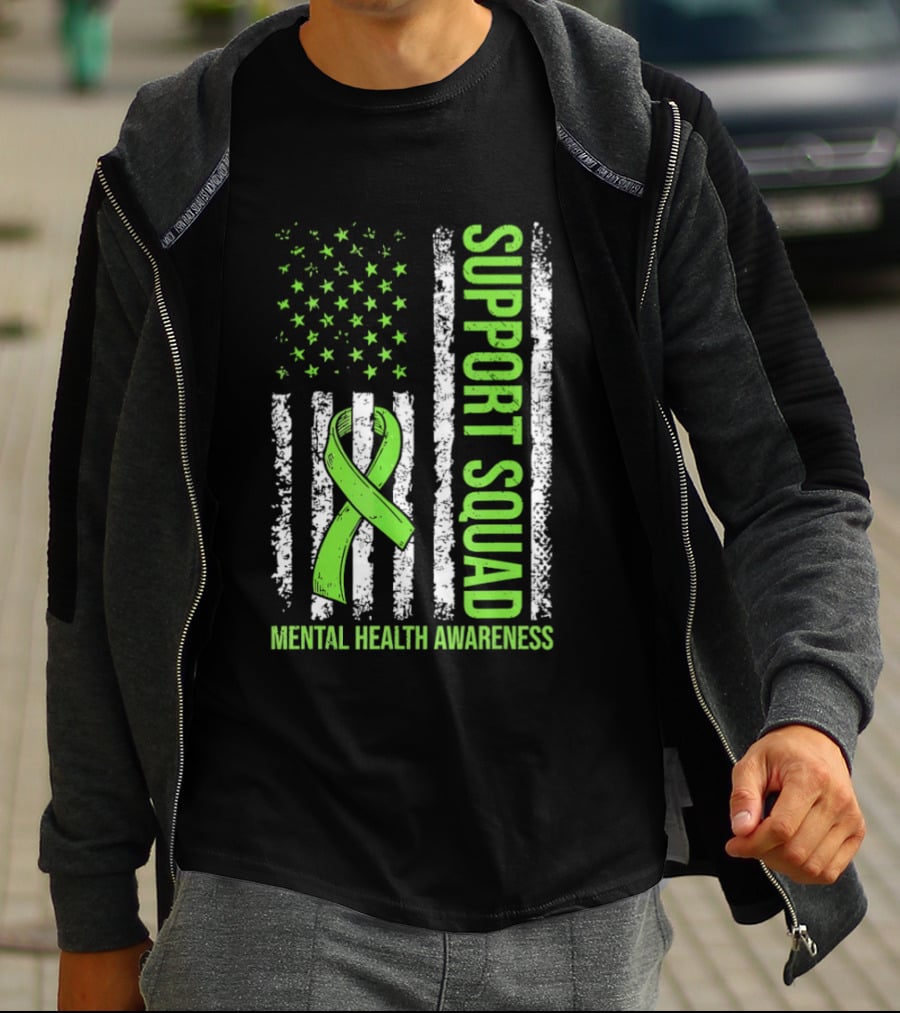 Support Squad US Flag Green Ribbon Mental Health Awareness T-Shirt