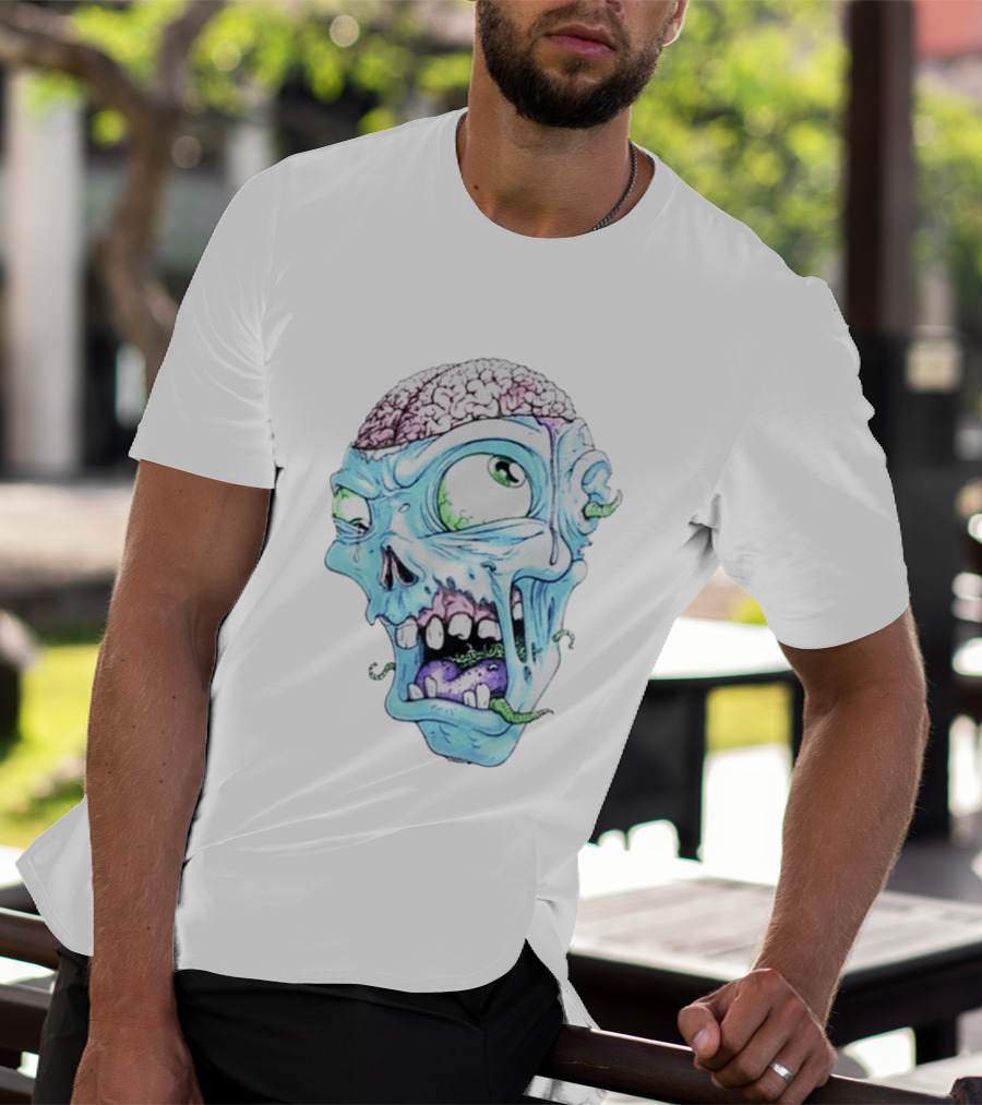Annoyed Monster Head Zombie Skull Illustration With Exposed Brain And Worms T-Shirt