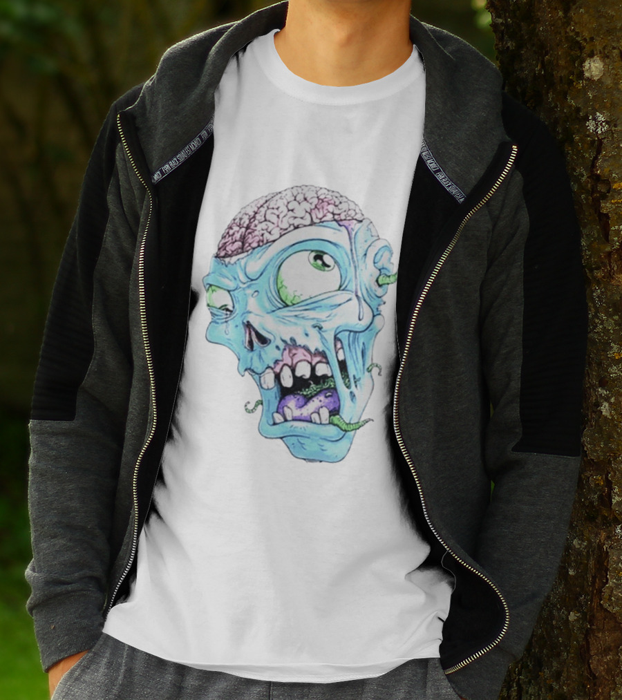 Annoyed Monster Head Zombie Skull Illustration With Exposed Brain And Worms T-Shirt