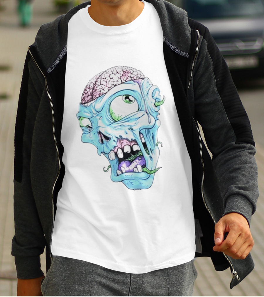 Annoyed Monster Head Zombie Skull Illustration With Exposed Brain And Worms T-Shirt