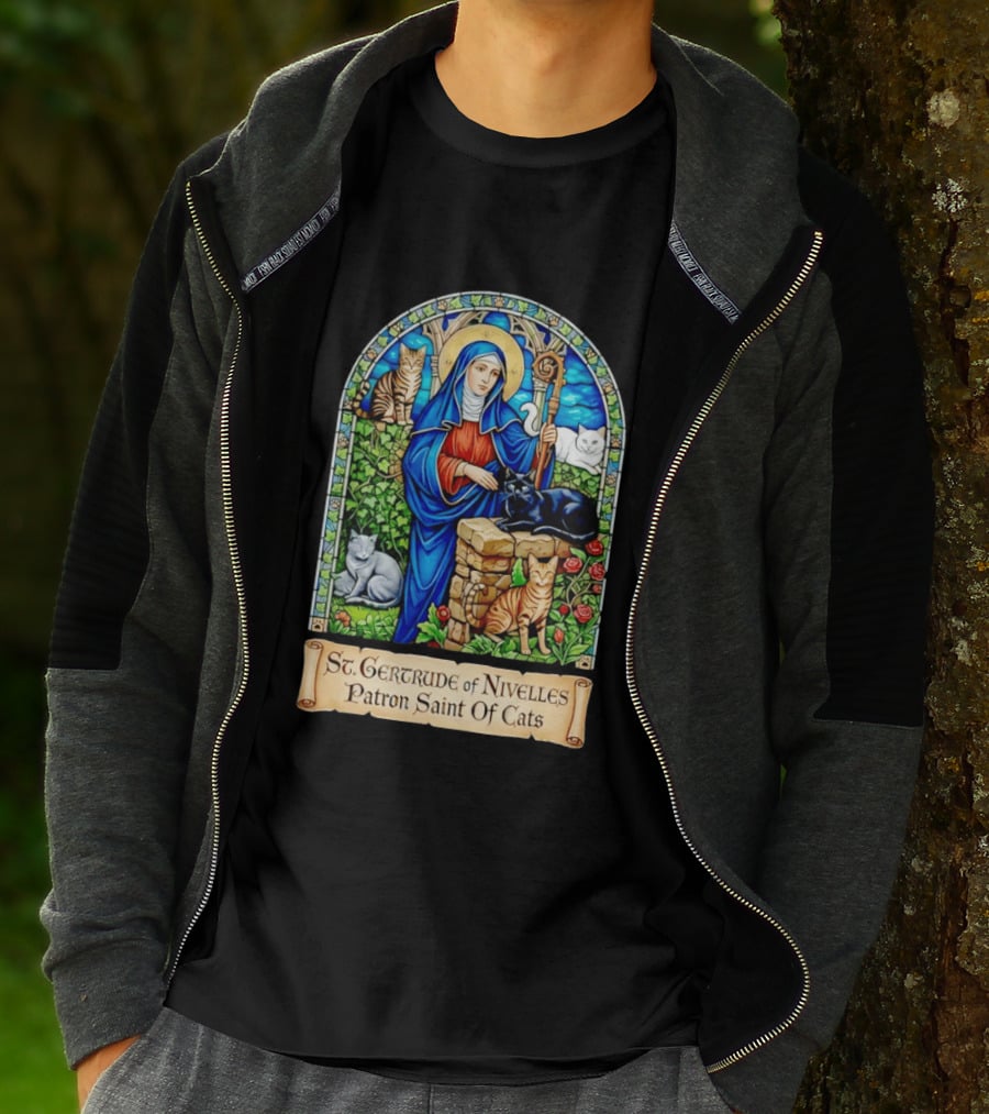 St. Gertrude Of Nivelles Patron Saint Of Cats Iconic Stained Glass Cat T-Shirt