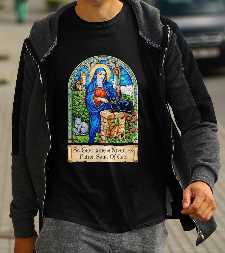 St. Gertrude Of Nivelles Patron Saint Of Cats Iconic Stained Glass Cat T-Shirt