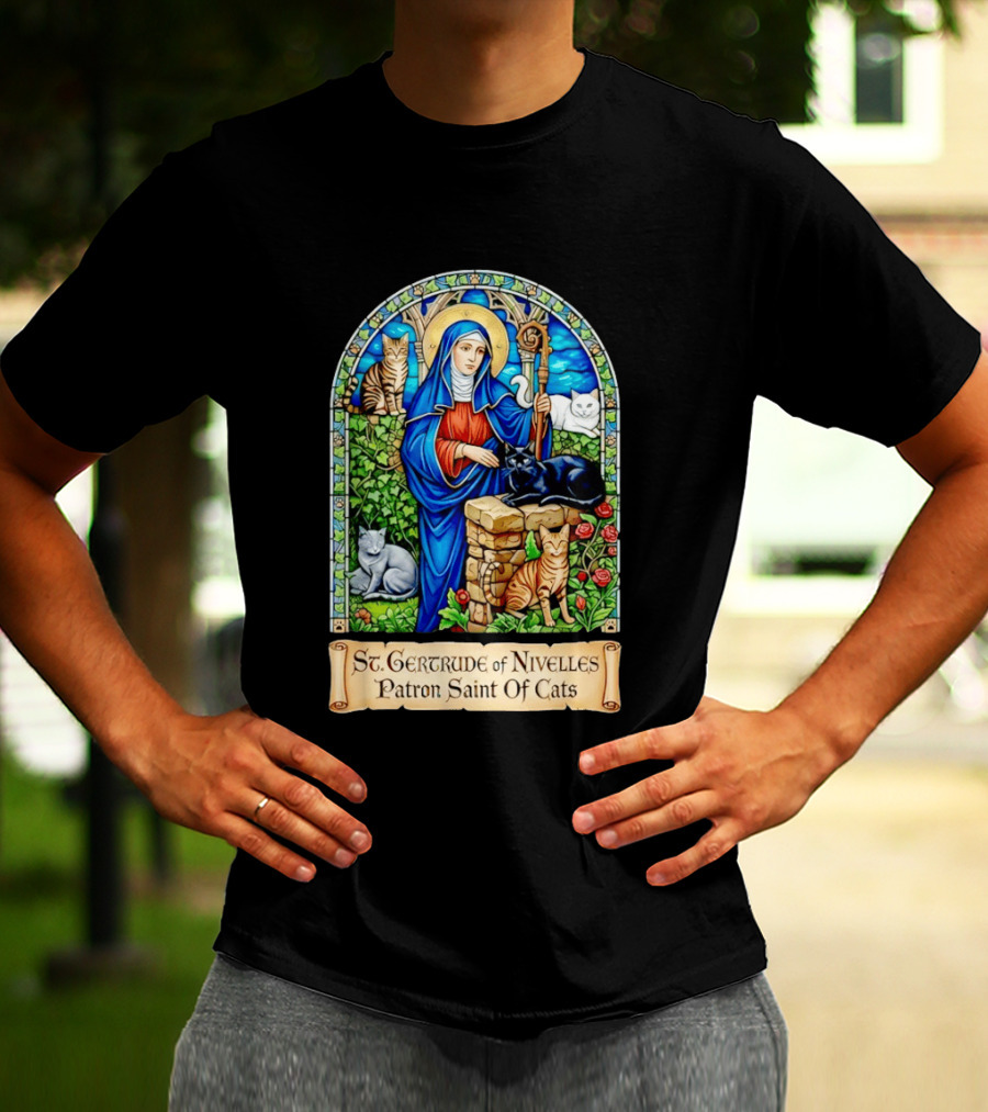 St. Gertrude Of Nivelles Patron Saint Of Cats Iconic Stained Glass Cat T-Shirt