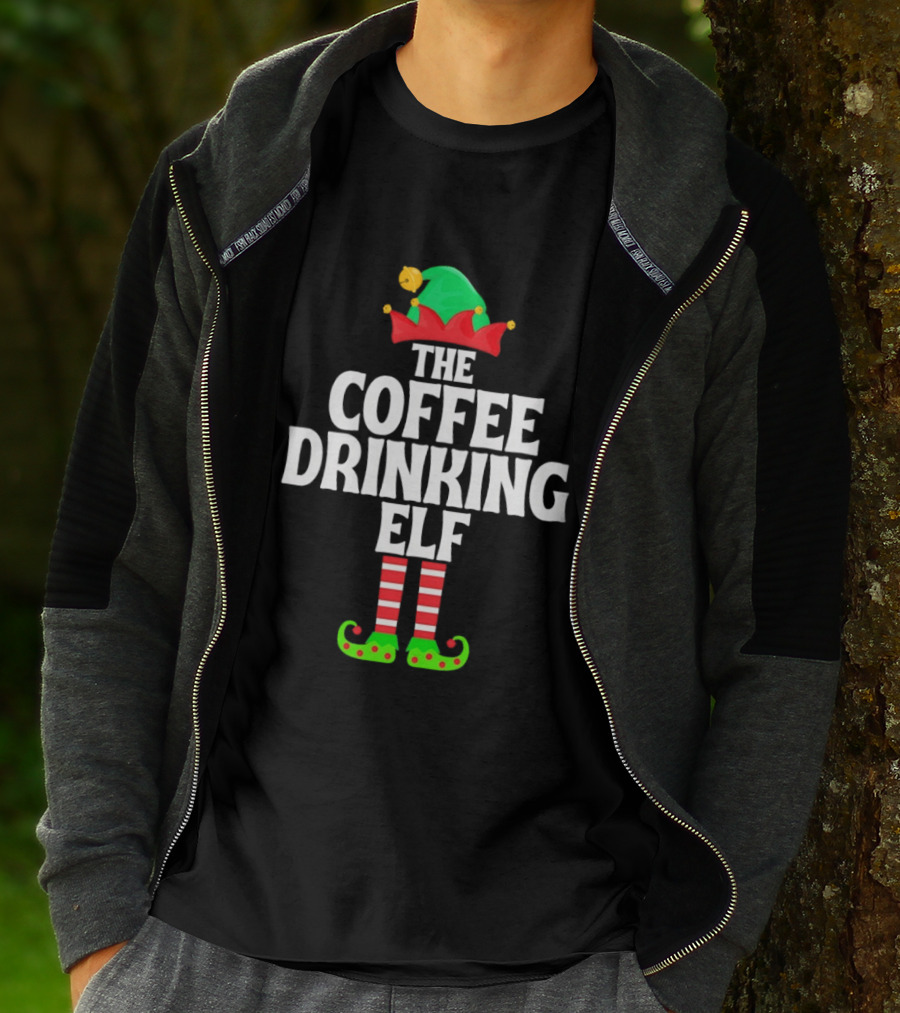 The Coffee Drinking Elf Red Green Jester Hat Striped Socks T-Shirt