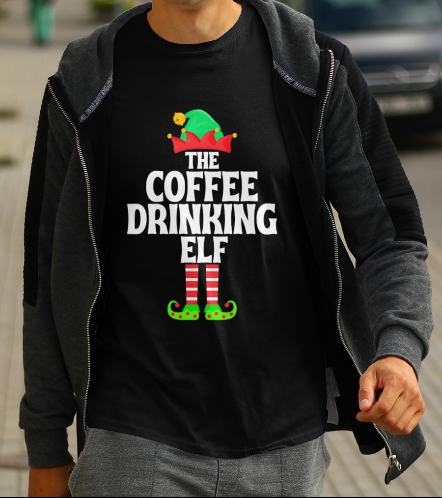The Coffee Drinking Elf Red Green Jester Hat Striped Socks T-Shirt