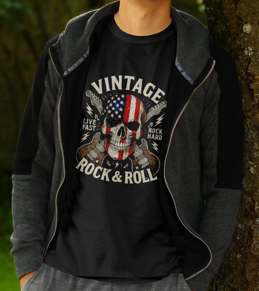 Vintage Skull American Flag Guitar Live Fast Rock Hard Rock & Roll T-Shirt