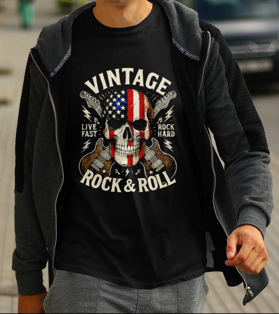 Vintage Skull American Flag Guitar Live Fast Rock Hard Rock & Roll T-Shirt