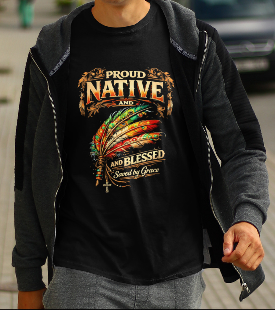 Proud Native And Blessed Saved By Grace Feather Motif T-Shirt