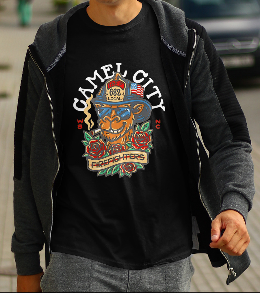 Camel City Local 682 Firefighters Smoking Camel With Roses USA Flag WS NC T-Shirt